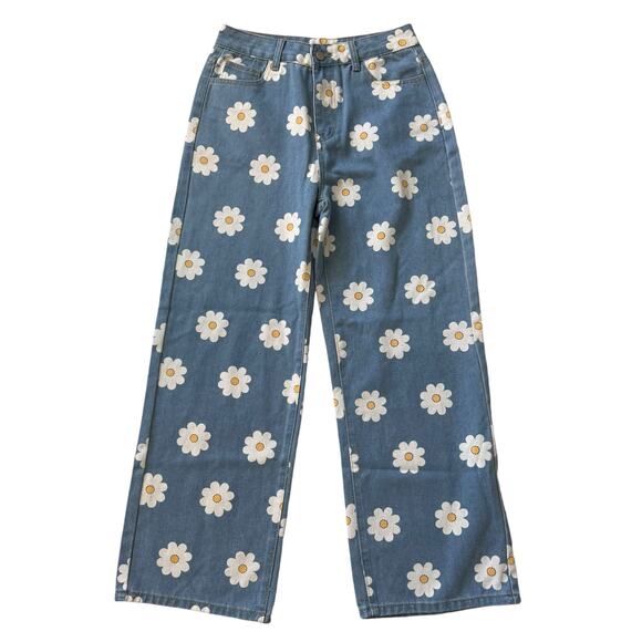 Daisy Printed Wide Leg Jeans Size‎ Medium Hippie Boho Flowers High Rise - Picture 1 of 9